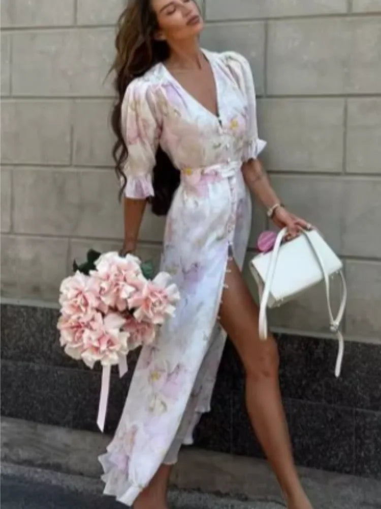 Flutter Sleeves Pleated Long Dress Women Chic Deep V-neck Floral Print Sexy Waist Cinching Vestidos Lady Holiday Street Dresses