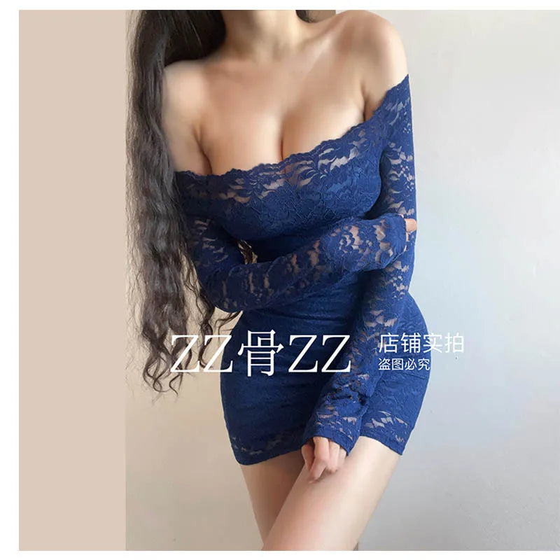 Blue Lace Mesh Slim Mini Dress Autumn New Style French Dress Elegant Feminine One Shoulder Slash Neck Lace Sexy Korean YRR6
