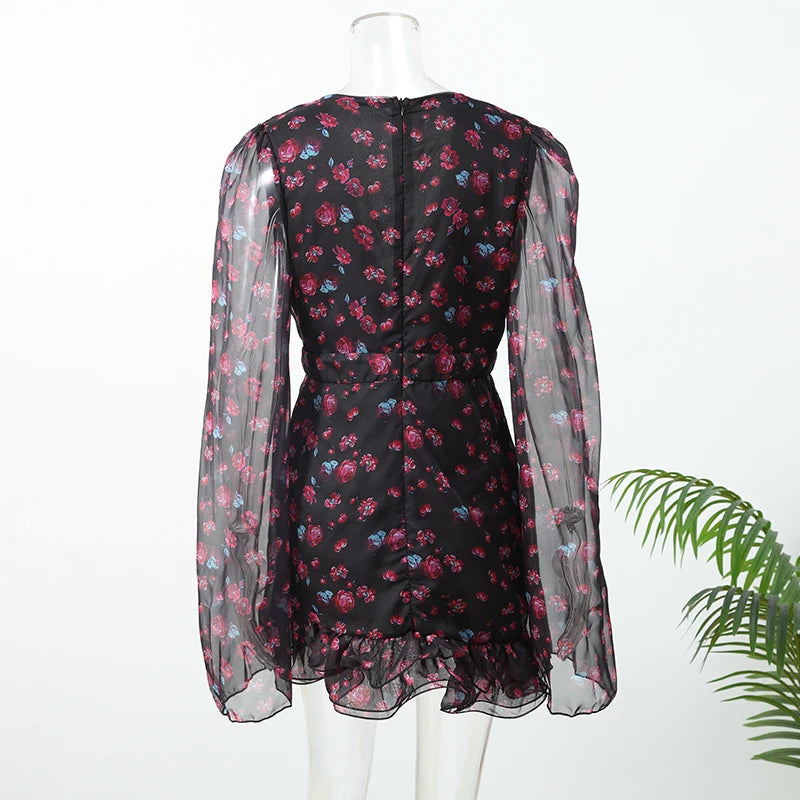 Elegant Print Low-cut Ruffle Short Dress Women V-neck Short-sleeved Waist Cinching Pleated Mini Dresses Lady Party Vestidos 2026