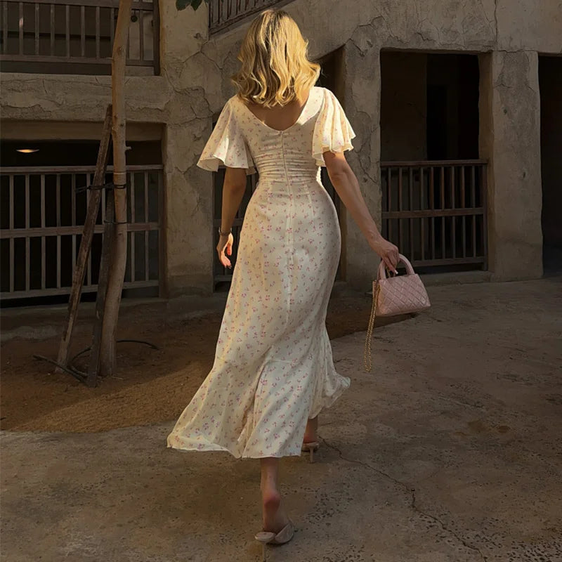 Elegant Printed Ruffles Long Women's Dress Asymmetric V-neck Flare Sleeve Slit Party Dresses 2026 Summer Floral Vacation Robes