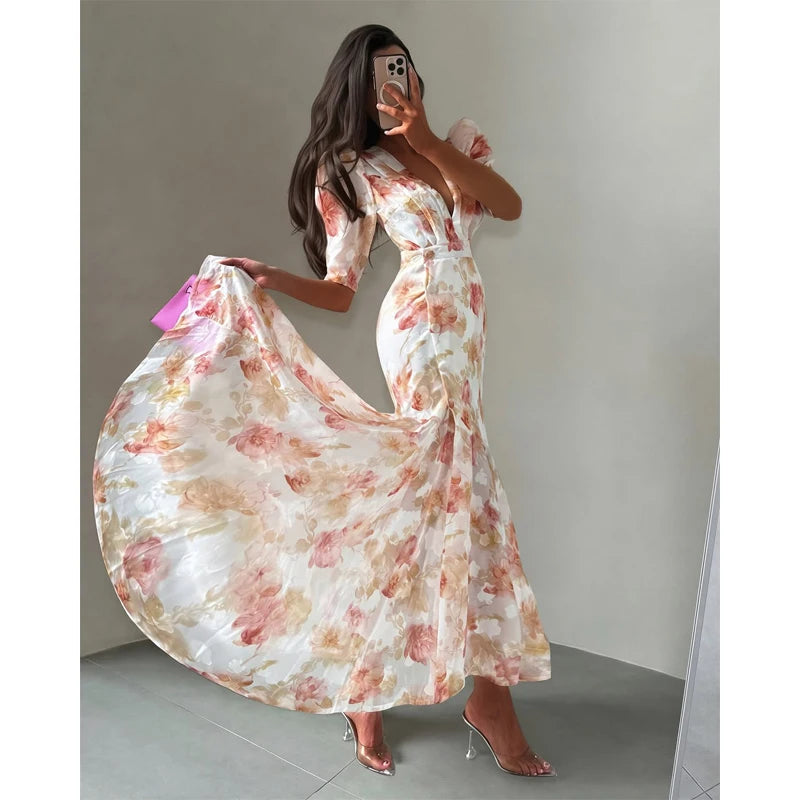 Pink Floral Print Slim Fit Dress Women Chic V-neck Ruffle Trim Flare Full Sleeves Ruched Slit Long Dresses Lady Elegant Wear New