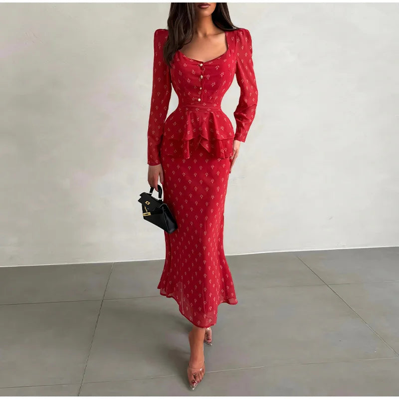 Floral Print V-Neck Flare Sleeve Mermaid Set Waist Cinched Ruffle Hem 2026 Summer Party Women Gown Retro Elegant Lady Vestido