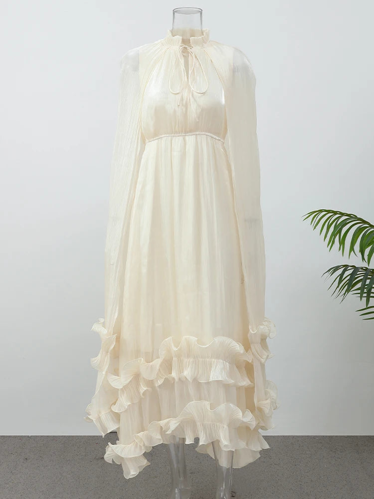 Women Solid Ruffle  Maxi Dress Fashion Lapel V-neck Sleeveless Pleated High Waist Chic Dresses 2026 Summer Lady Vacation Robes