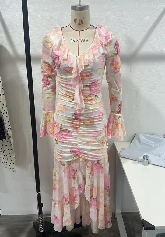 Pink Floral Print Slim Fit Dress Women Chic V-neck Ruffle Trim Flare Full Sleeves Ruched Slit Long Dresses Lady Elegant Wear New