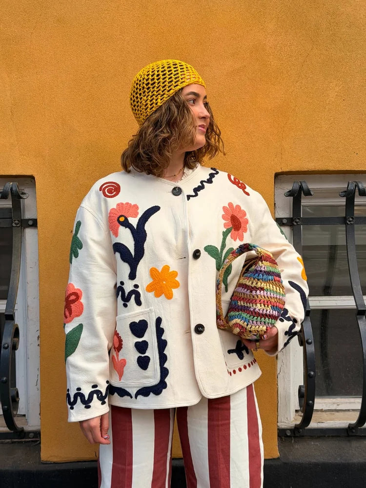 Women Print Floral Jacket Colorful Casual O-neck Long Sleeve Single Breasted Pocket Jackets 2026 Spring Summer Chic Retro Coat
