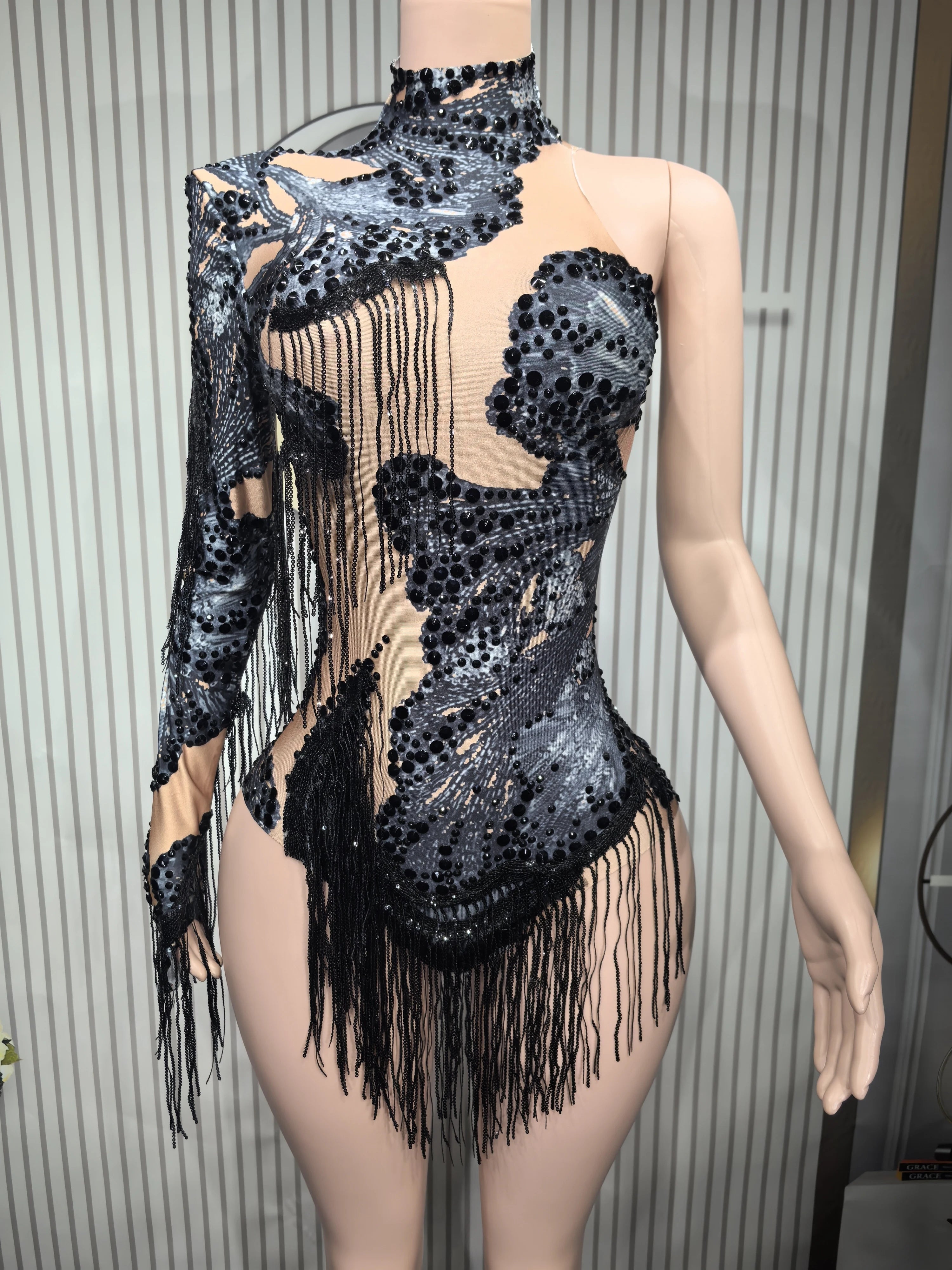 Sexy Elastic Rhinestone Tassel Party Bodysuit OutfiSet Women Nightclub Prom Crystal Fringe LeotardDance Stage Wear Nainiang Q025
