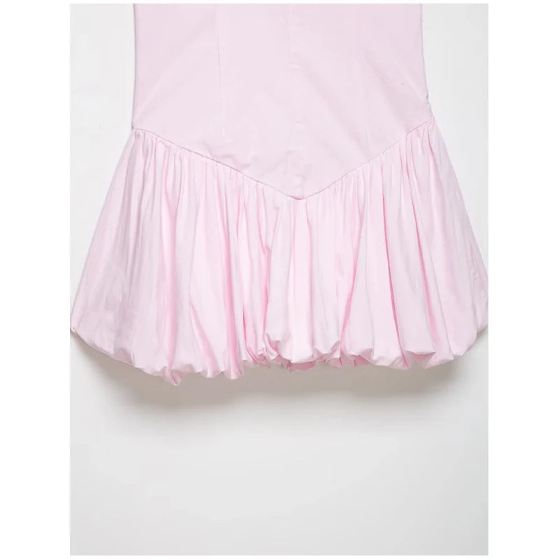 Pink Chic Halter Mini Dress Lady Backless Off-shoulder Hollow Out Lace Up Pleated Bubble Vestidos Women Party Club Dresses