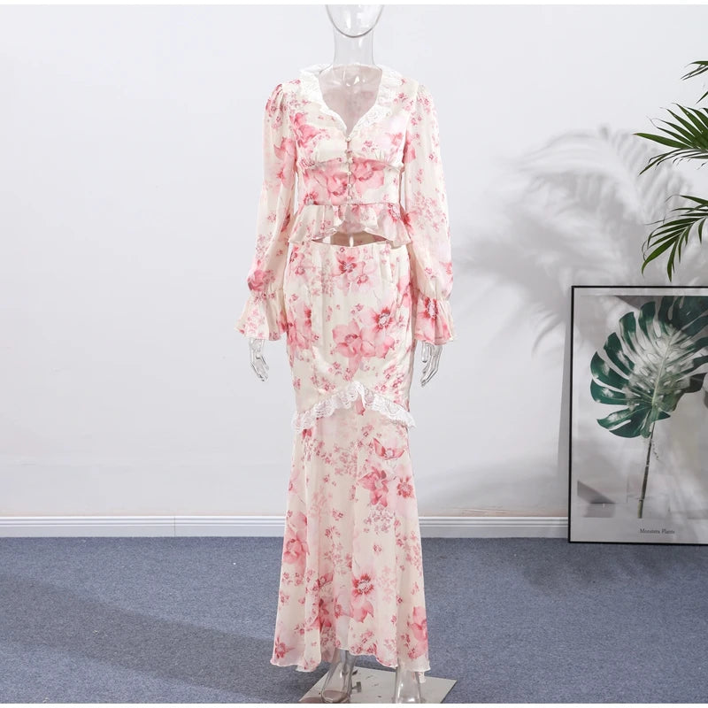 Floral Print V-Neck Flare Sleeve Mermaid Set Waist Cinched Ruffle Hem 2026 Summer Party Women Gown Retro Elegant Lady Vestido