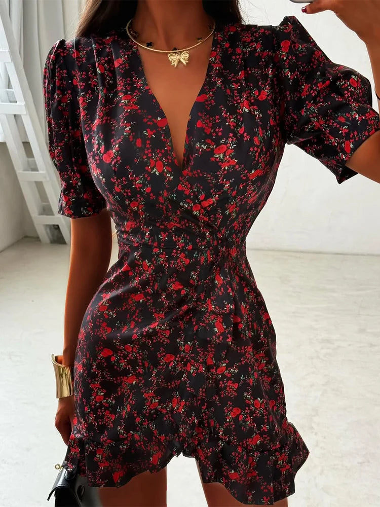Elegant Print Low-cut Ruffle Short Dress Women V-neck Short-sleeved Waist Cinching Pleated Mini Dresses Lady Party Vestidos 2026