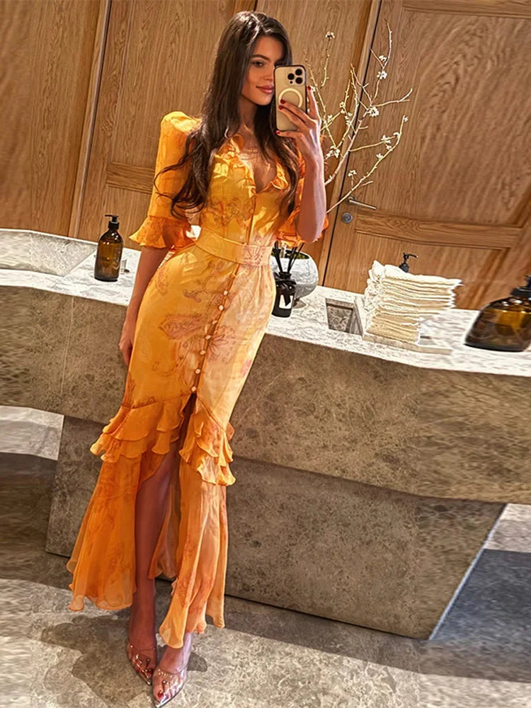 Women Orange Paisley Print Short Sleeve Maxi Dress Fashion V-neck Ruffle Trim Belted Slit Hem Dresses 2026 Lady Vacation Gown