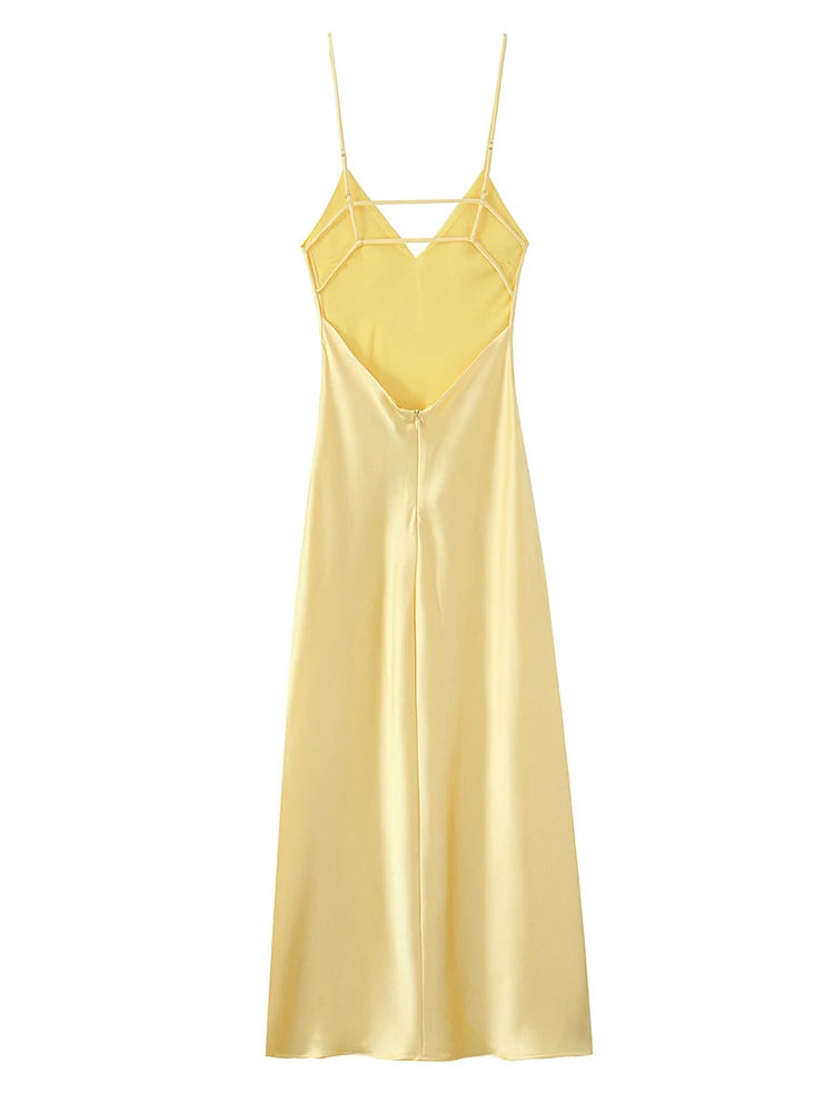 Butter Yellow Satin Bias Cut Lace Patchwork Midi Dress Women's V Neck Backless Suspenders Dresses 2026 New Dinner Party Vestidos