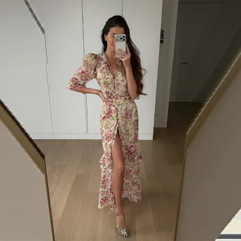 Women Orange Paisley Print Short Sleeve Maxi Dress Fashion V-neck Ruffle Trim Belted Slit Hem Dresses 2026 Lady Vacation Gown