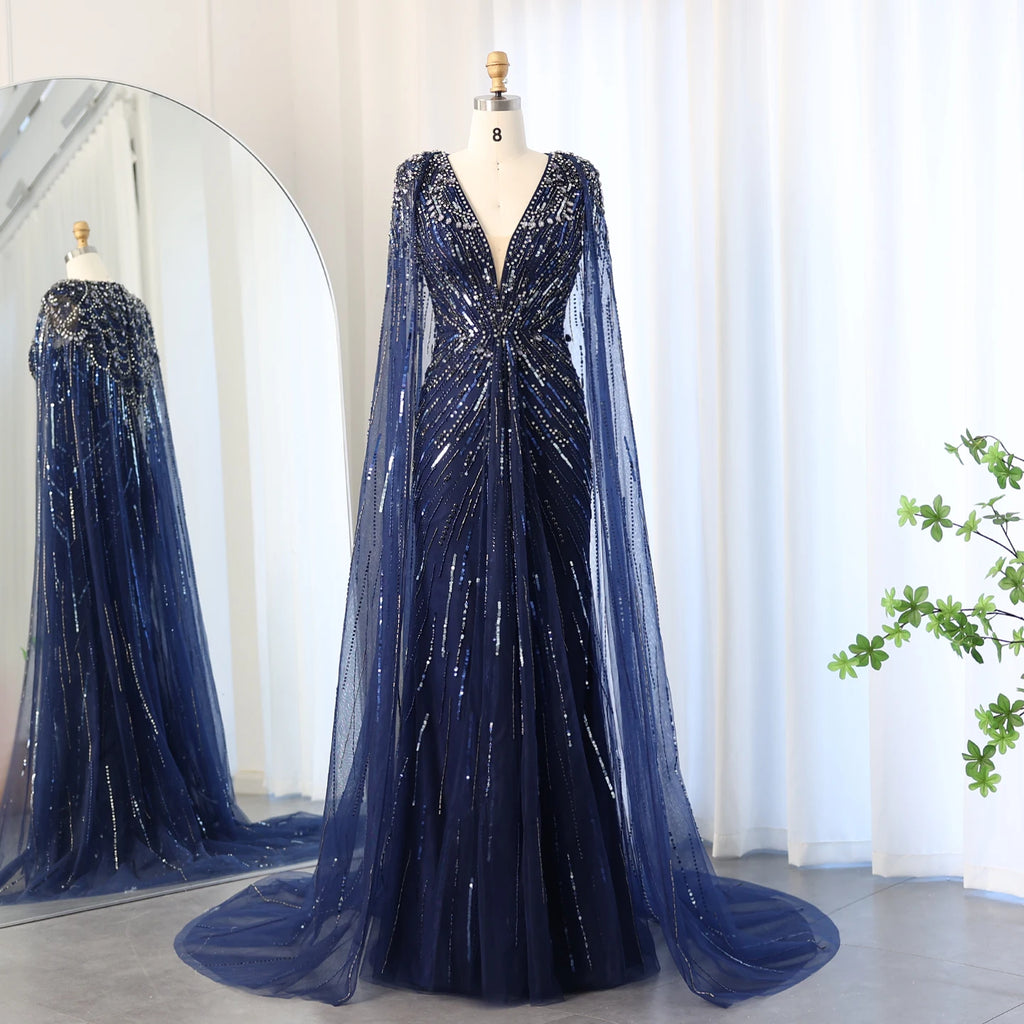 Sharon Said Luxury Dubai Sage Green Evening Dresses with Cape Fuchsia Crystal Gold Women Wedding Party Gowns SS399 Customized
