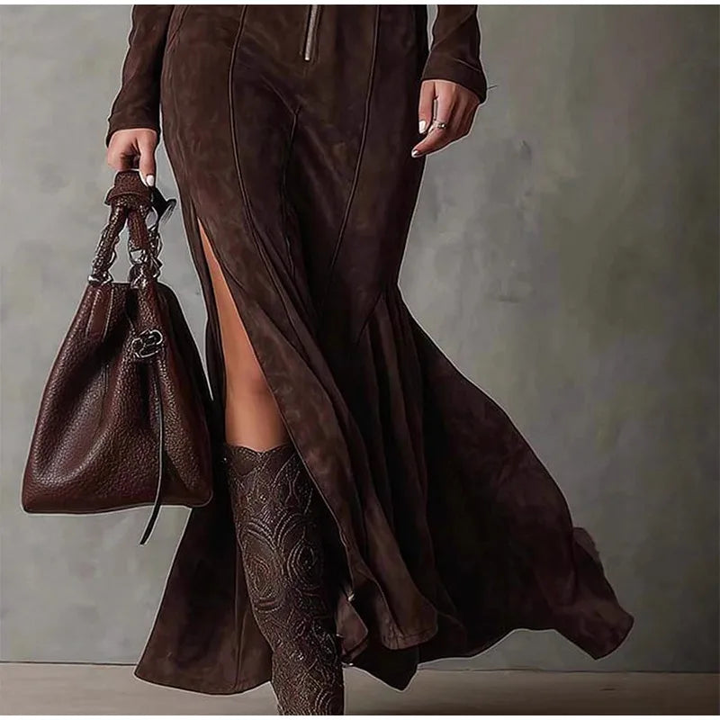Vintage Half High Neck Long Sleeve Short Dress Women Fashion High Waist Pleasted Zipper Slim Dresses Female Autumn Chic Cloth