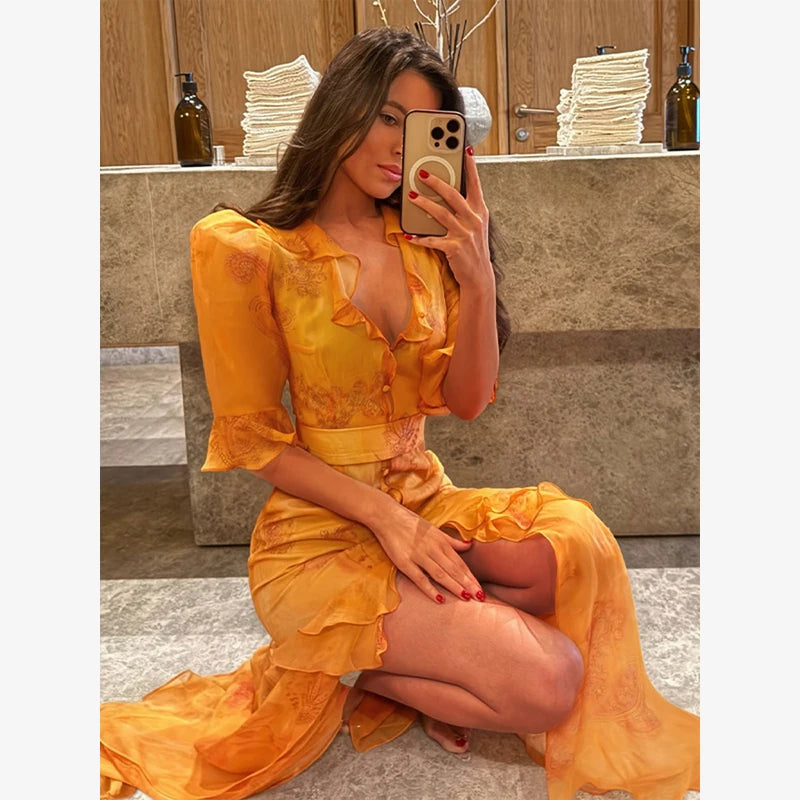 Women Orange Paisley Print Short Sleeve Maxi Dress Fashion V-neck Ruffle Trim Belted Slit Hem Dresses 2026 Lady Vacation Gown