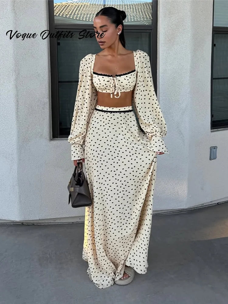 Sexy Polka Dot Cropped Top Long Skirt Women Lantern Sleeve Slash Neck Lace Up Top Maxi Skirts 2026 Summer Lady Beach Outfits