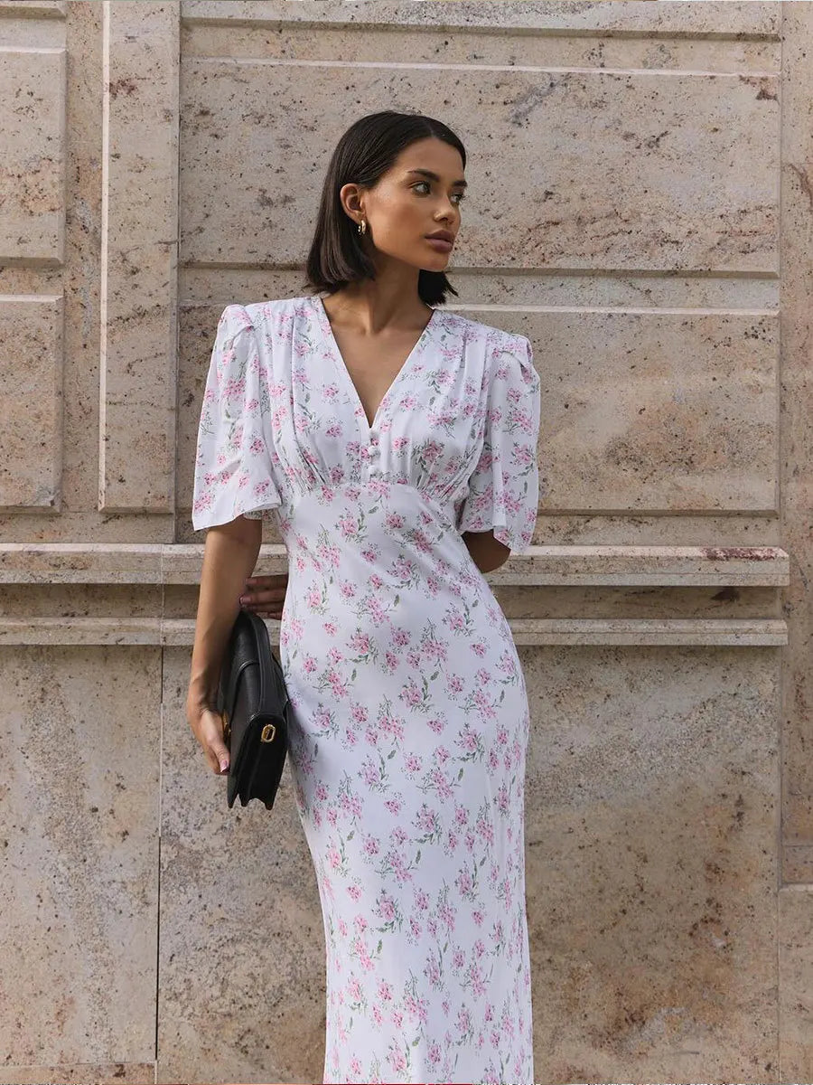 Summer Floral Printed V Neck Long Dress Women Elegant Short Sleeve High Waist Slim Maxi Dress Casual Street Party Lady Vestidos