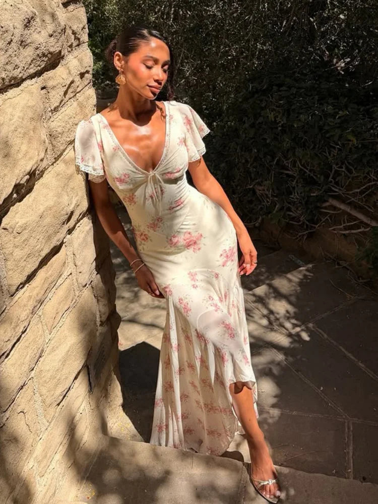 Pink Floral Print Slim Fit Dress Women Chic V-neck Ruffle Trim Flare Full Sleeves Ruched Slit Long Dresses Lady Elegant Wear New