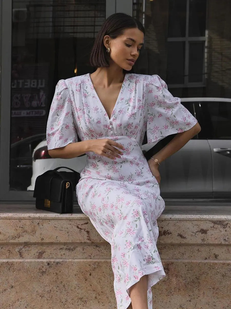 Summer Floral Printed V Neck Long Dress Women Elegant Short Sleeve High Waist Slim Maxi Dress Casual Street Party Lady Vestidos