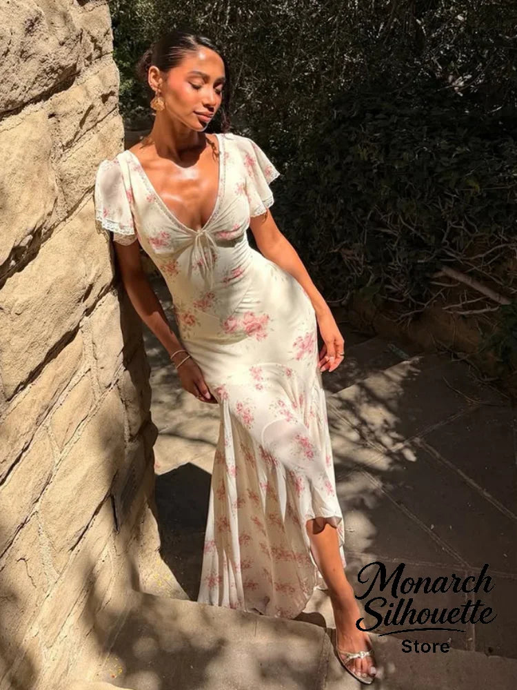 Flutter Sleeves Pleated Long Dress Women Chic Deep V-neck Floral Print Sexy Waist Cinching Vestidos Lady Holiday Street Dresses