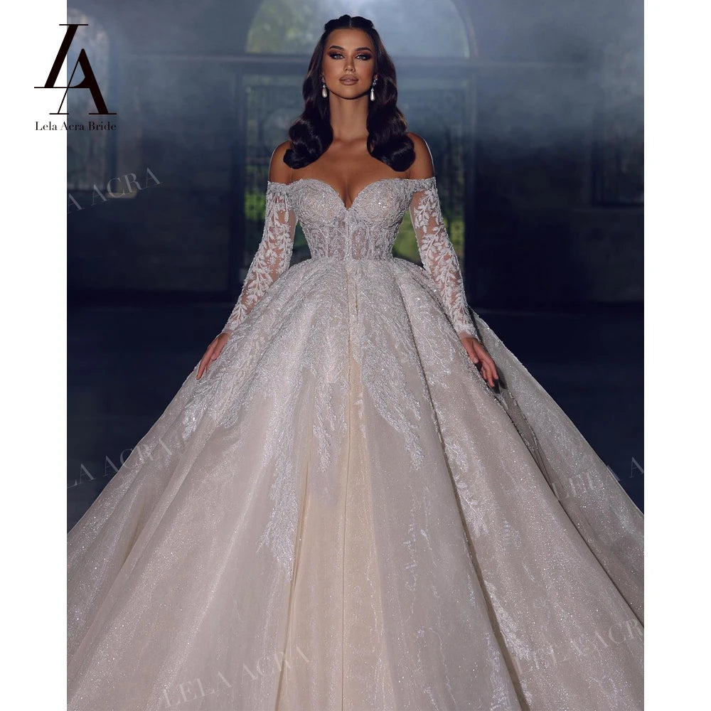 Off the Shoulder Ball Gown Wedding Dress 2026 Long Sleeve Chapel Train Princess Bride LelaAcra SM103 Custom Vestido de Noiva