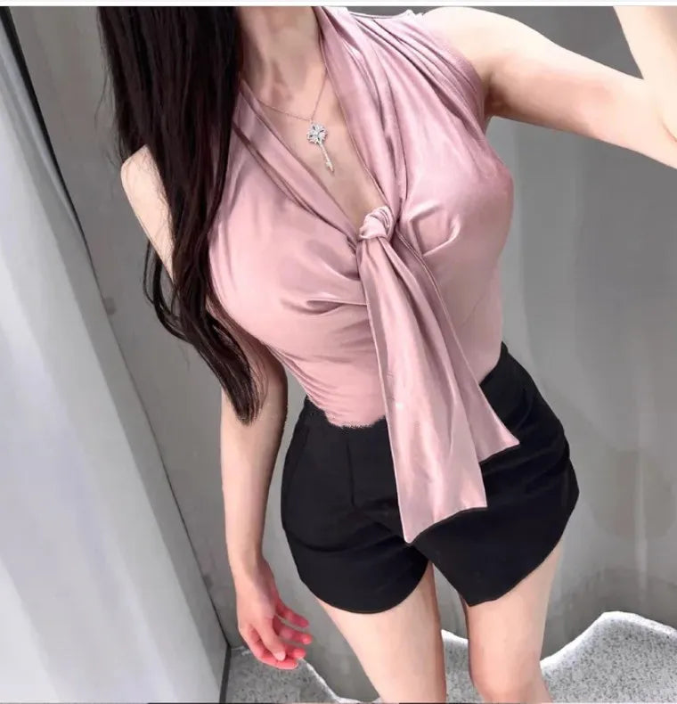 Dongda Gate Pure Desire Sexy Woman Flavor Sleeveless T-shirt Upper Body with Sash Ladylike Temperament Commuter Style Regular...