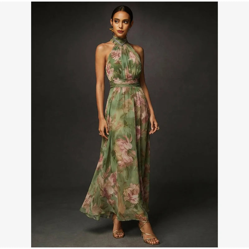 Pink Floral Print Slim Fit Dress Women Chic V-neck Ruffle Trim Flare Full Sleeves Ruched Slit Long Dresses Lady Elegant Wear New