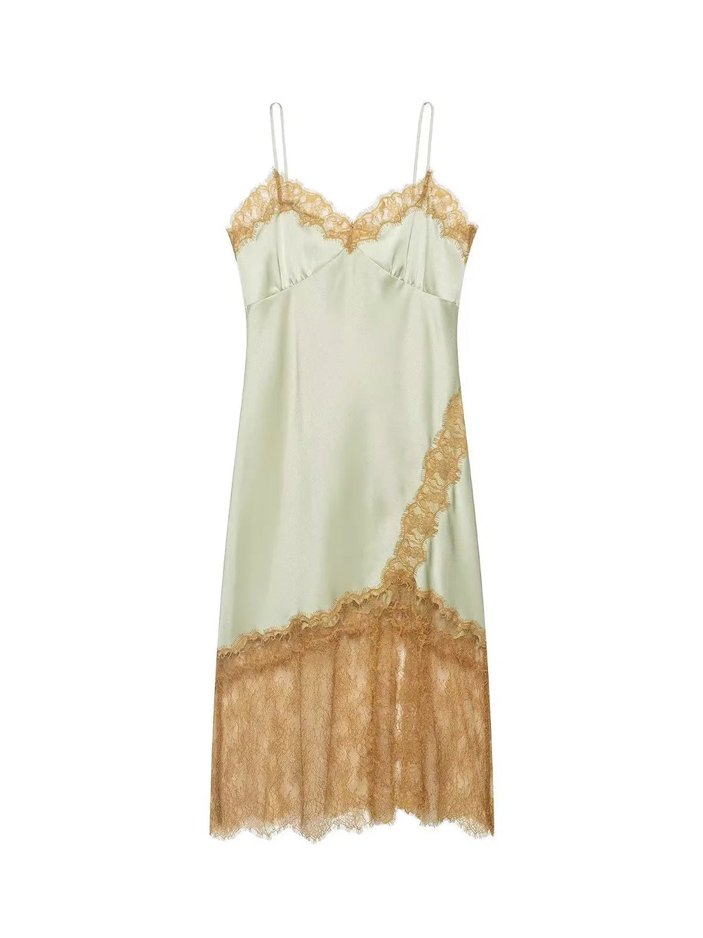 Butter Yellow Satin Bias Cut Lace Patchwork Midi Dress Women's V Neck Backless Suspenders Dresses 2026 New Dinner Party Vestidos