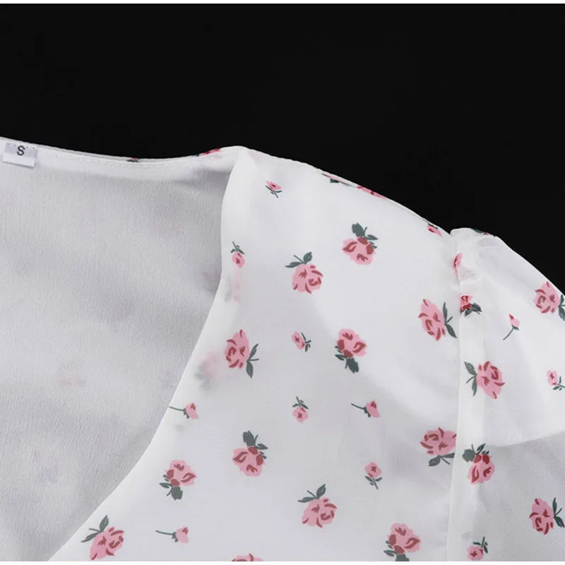Floral Print V-Neck Flare Sleeve Mermaid Set Waist Cinched Ruffle Hem 2026 Summer Party Women Gown Retro Elegant Lady Vestido