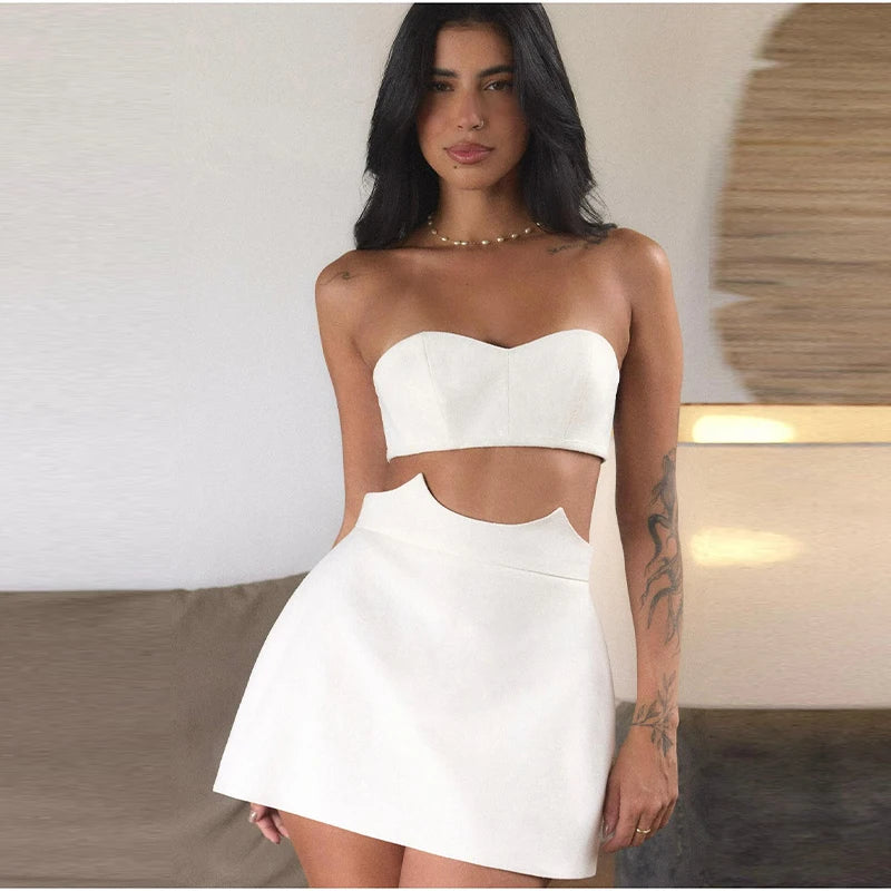 Women Stylish Bodycon 2 Piece Club Outfit Strapless Corset Crop Top + High Waist Mini Skirt Set Lady Night Party Evening Dresses