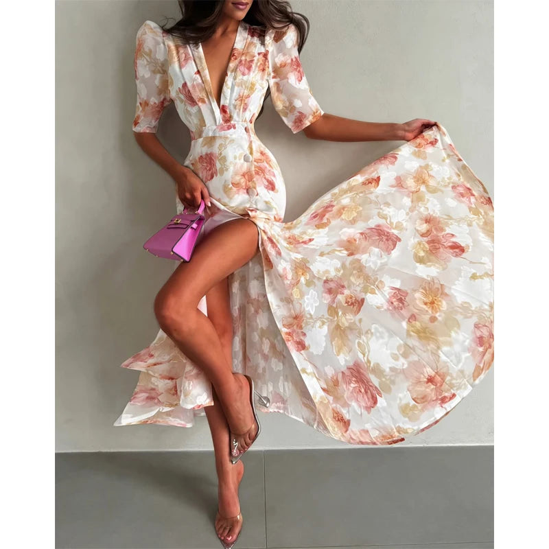 Pink Floral Print Slim Fit Dress Women Chic V-neck Ruffle Trim Flare Full Sleeves Ruched Slit Long Dresses Lady Elegant Wear New