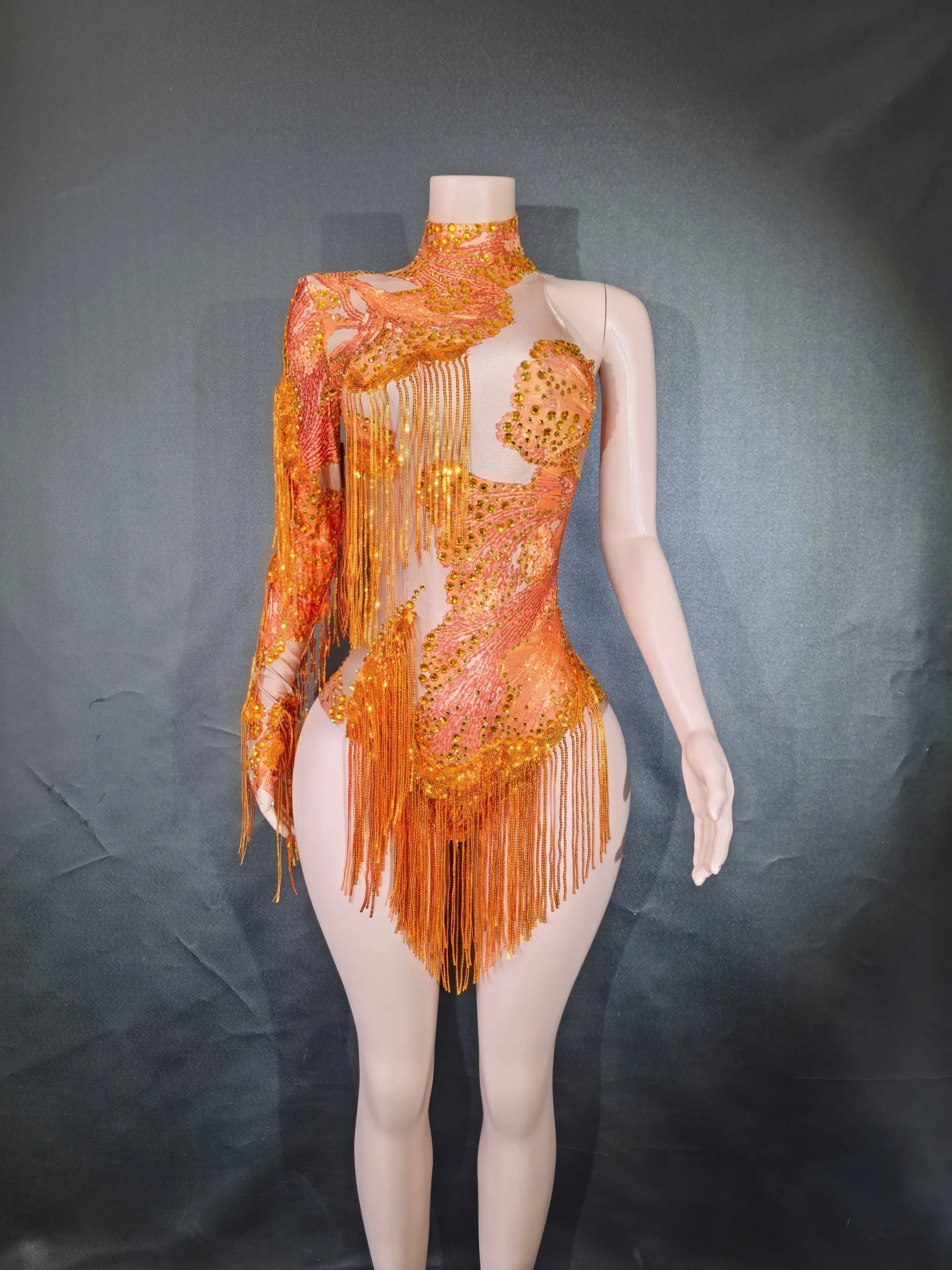 Sexy Elastic Rhinestone Tassel Party Bodysuit OutfiSet Women Nightclub Prom Crystal Fringe LeotardDance Stage Wear Nainiang Q025