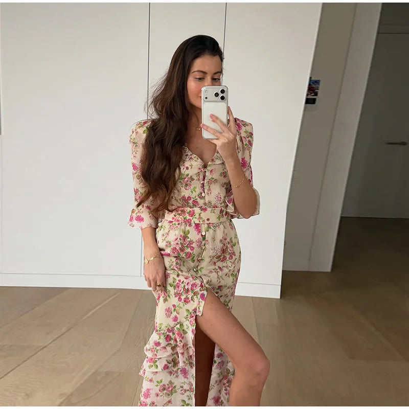 Padded Shoulder Ruffle Maxi Dress V-neck Low Slit Waist Cinching 2026 Springr Holiday Women Flowy Gown Chic Fashion Vestidoes