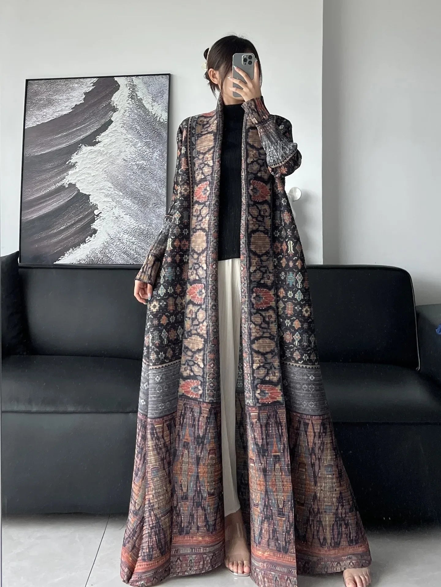 Miyake Pleats Robe Dresses 2024 Plus Size Printed Casual Airy Poncho Jacket Coat Coat Poncho Printed Plus Size Trench Coat