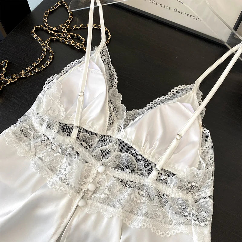 2PCS Women Lace Pajamas PJS Set Femme Satin Sleepwear Home Clothes Strap Camisole&Shorts Sleep Suit Summer V-Neck Lingerie