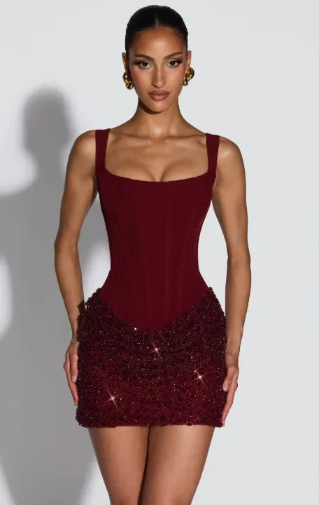Women Slim Sexy Pleated Bodycon Dress Sequin Backless Spaghetti Strap Mini Summer Dresses 2026 Lady Evening Nightclub Party Gown