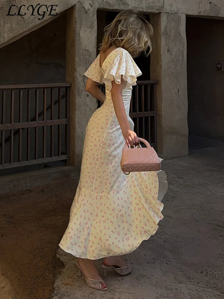 Elegant Printed Ruffles Long Women's Dress Asymmetric V-neck Flare Sleeve Slit Party Dresses 2026 Summer Floral Vacation Robes