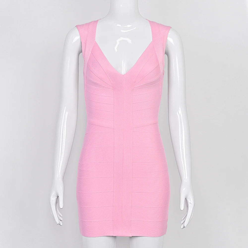 BEAUKEY Luxury Fashiong Trendy Pink Bandage Dress Plunge V Sexy Slim Evening Dresses Birthday Wedding Celebrity Lady Vestidos