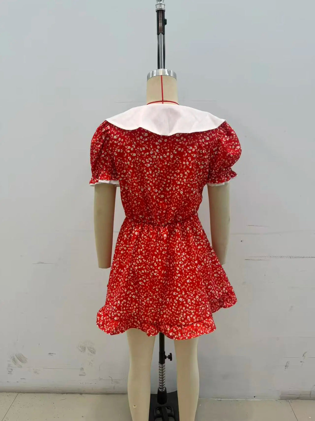 V-neck Peter Pan Collar Red Floral Print Puff Sleeve A-line Mini Dress High Waist Women's Casual Dresses 2026 Lady Date Vestidos