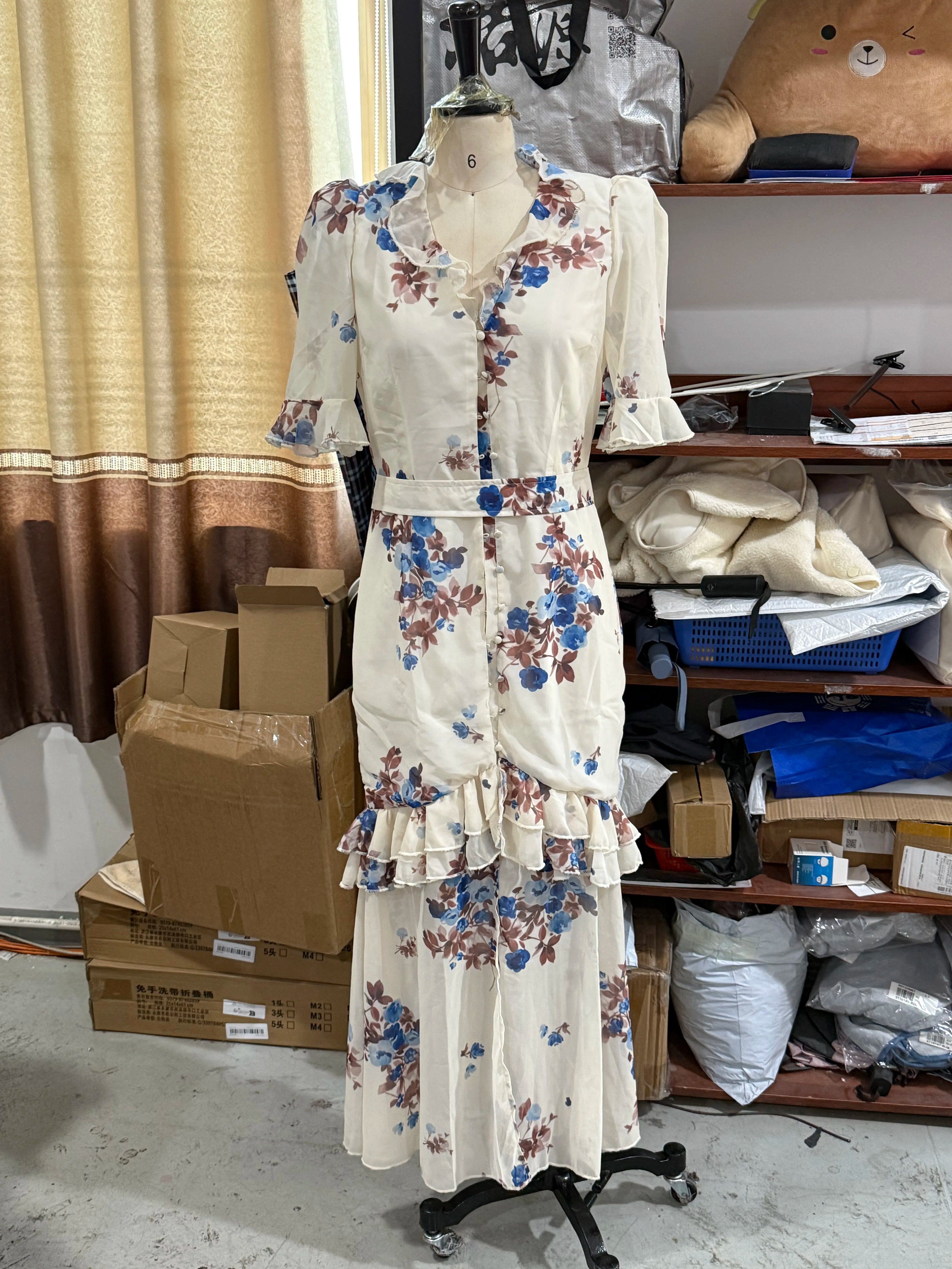 Flutter Sleeves Pleated Long Dress Women Chic Deep V-neck Floral Print Sexy Waist Cinching Vestidos Lady Holiday Street Dresses