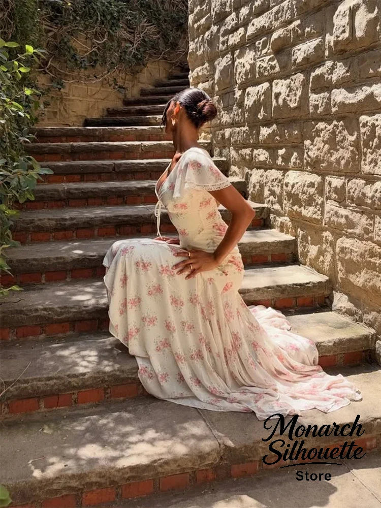 Flutter Sleeves Pleated Long Dress Women Chic Deep V-neck Floral Print Sexy Waist Cinching Vestidos Lady Holiday Street Dresses