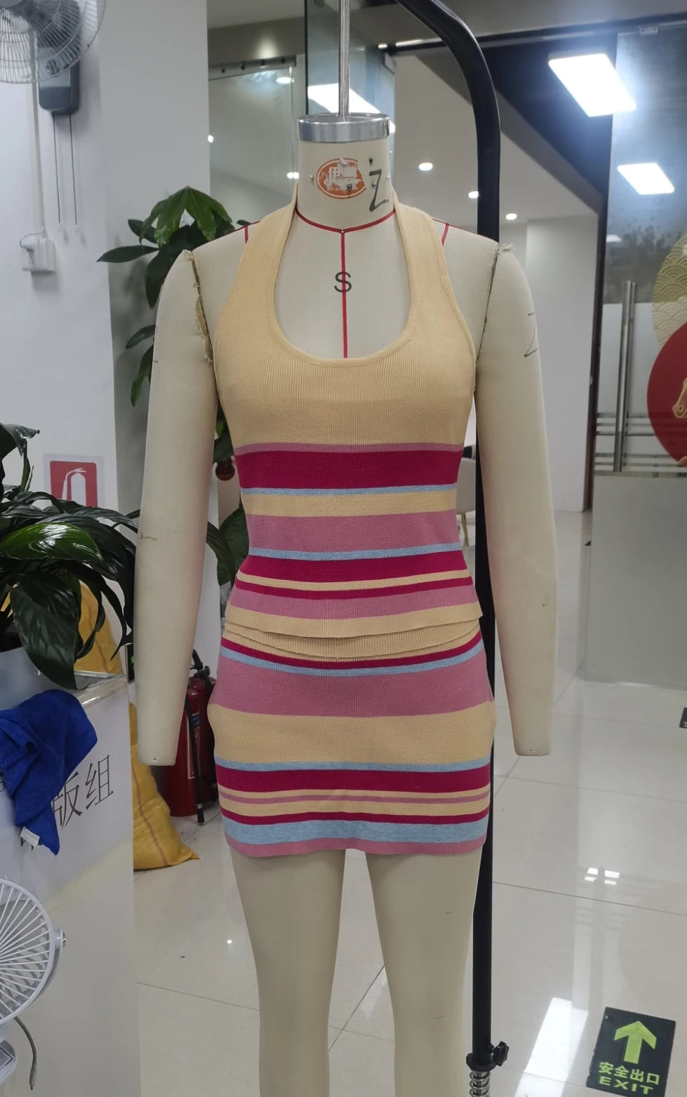 Women Striped Knit Two Piece Set Halter Sleeveless Crop Top Mini Skirt Outfit Summer Beach Vacation Y2K Matching Skirt Set