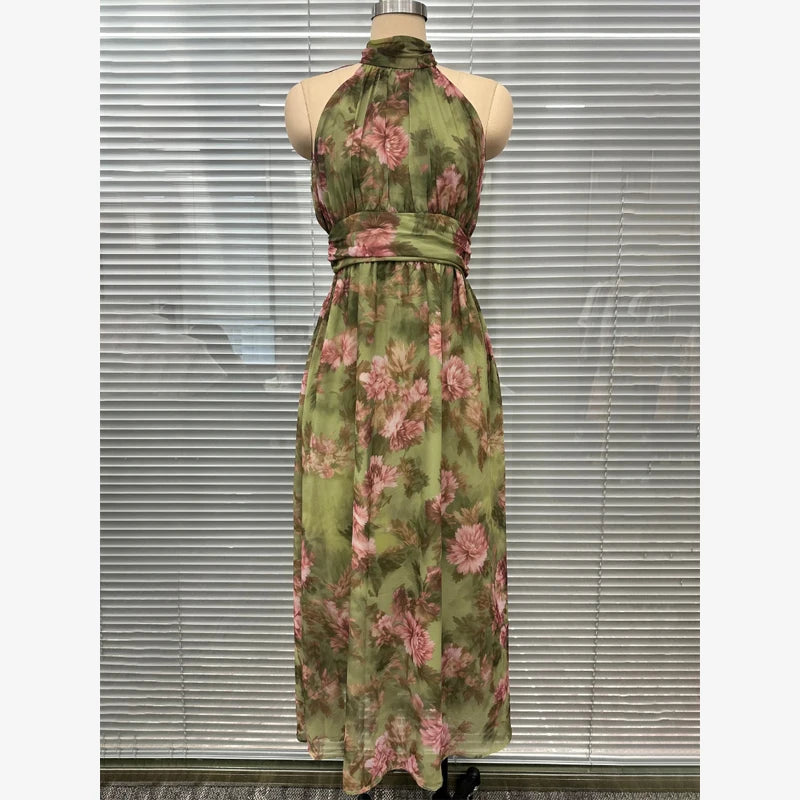 Pink Floral Print Slim Fit Dress Women Chic V-neck Ruffle Trim Flare Full Sleeves Ruched Slit Long Dresses Lady Elegant Wear New