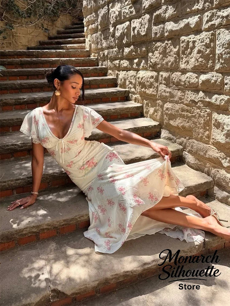 Flutter Sleeves Pleated Long Dress Women Chic Deep V-neck Floral Print Sexy Waist Cinching Vestidos Lady Holiday Street Dresses