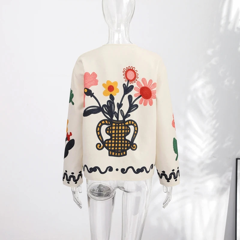 Women Print Floral Jacket Colorful Casual O-neck Long Sleeve Single Breasted Pocket Jackets 2026 Spring Summer Chic Retro Coat