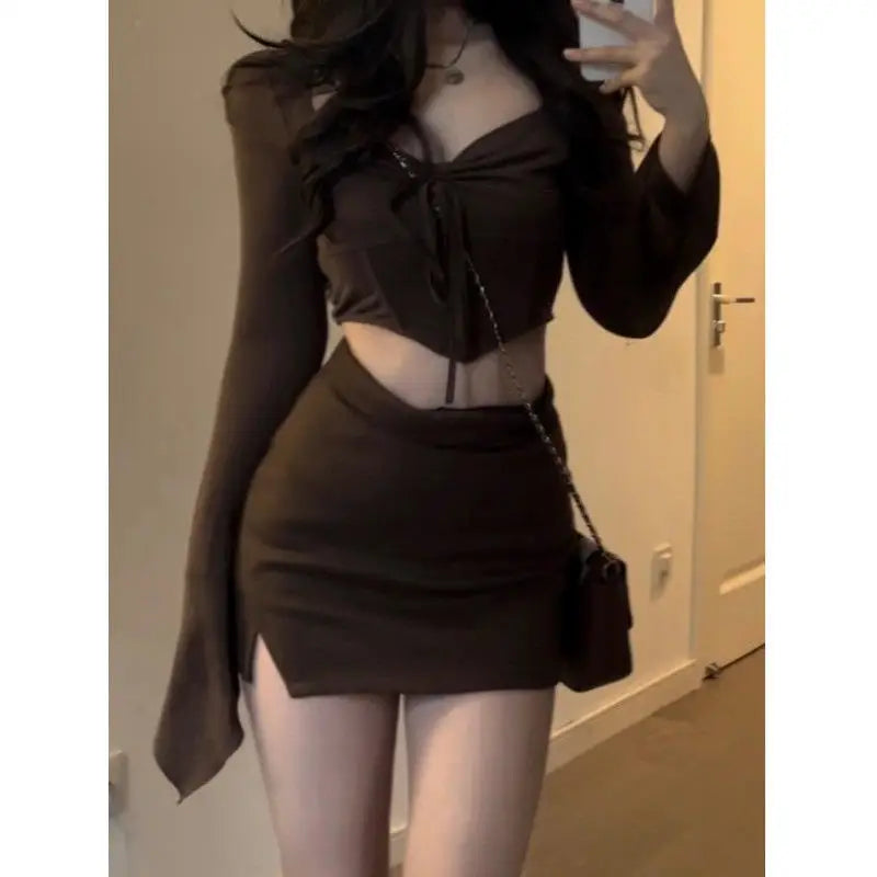Sweet Pure Desire Short Size Set Drawstring Pleated Short Top And Skirt Two Piece Set for Small Women Casual Style Autumn Fas...