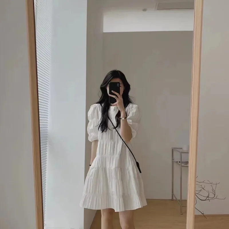 Fashion French Pleaded Dress for Women Elegant Casual Loose Short Sleeve Summer Dress Office Lady Party Dresses Robe New 27992