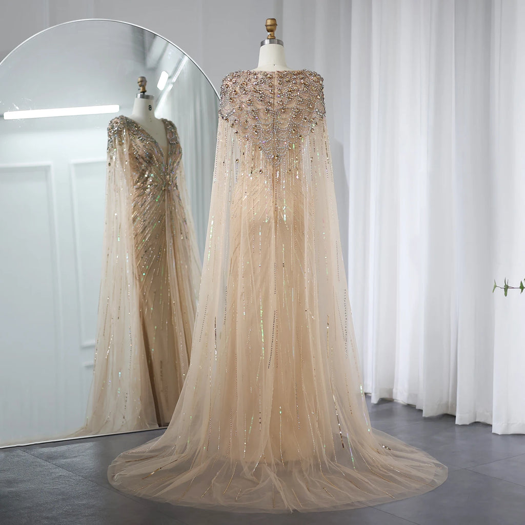 Sharon Said Luxury Dubai Sage Green Evening Dresses with Cape Fuchsia Crystal Gold Women Wedding Party Gowns SS399 Customized
