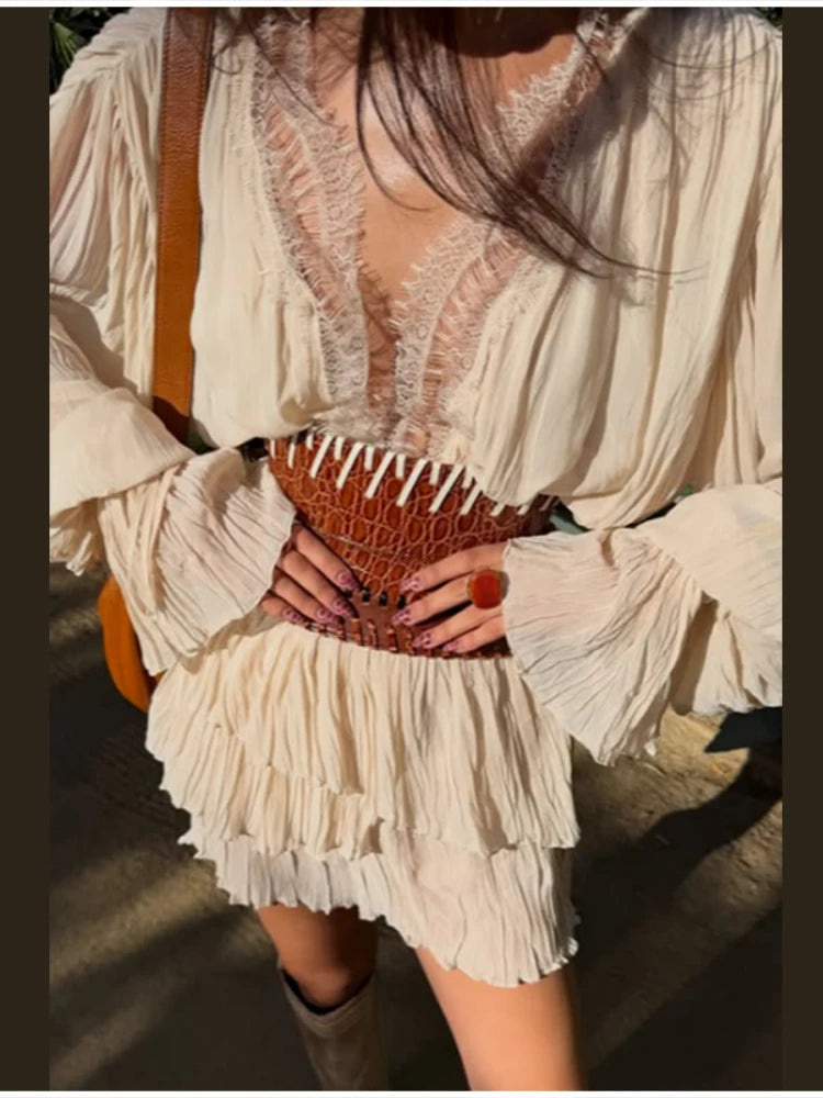 Elegant Beige Pleated Ruffle Mini Dresses Women Lace Trim V Neck Long Sleeve Boho Casual Boho Beach Dress Chic Daily Streetwear