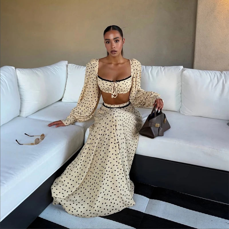 Sexy Polka Dot Cropped Top Long Skirt Women Lantern Sleeve Slash Neck Lace Up Top Maxi Skirts 2026 Summer Lady Beach Outfits